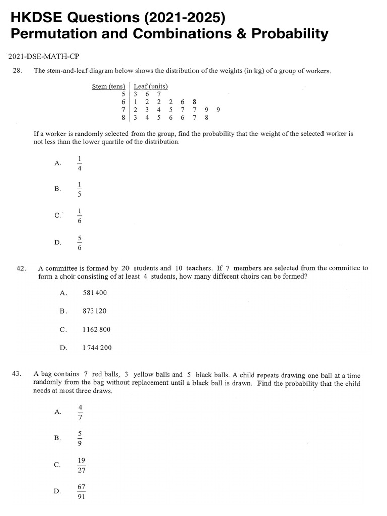HKDSE 2021-2025: Permutations & Probability | PDF