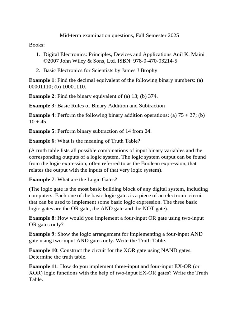 Mid-Term Exam Questions: Digital Electronics | PDF | Logic Gate ...