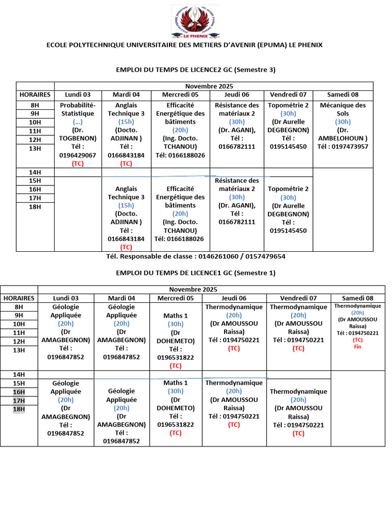 Emploi du temps Licence GC Novembre 2025 | PDF | Sciences physiques