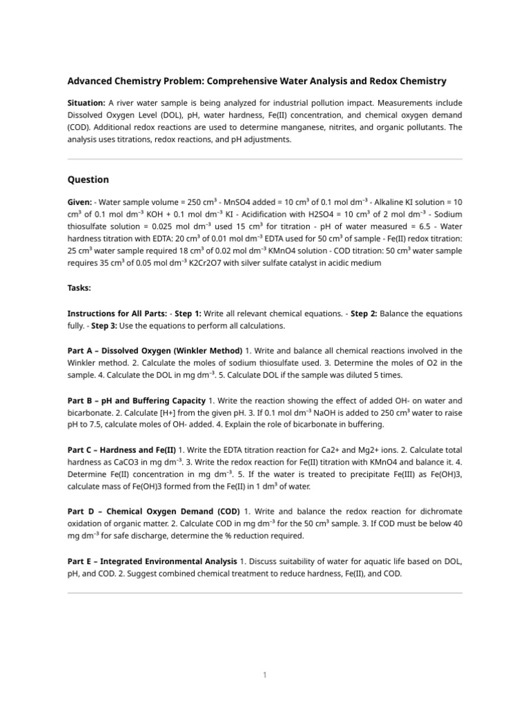 Water Quality Analysis and Redox Chemistry | PDF | Titration | Chemistry