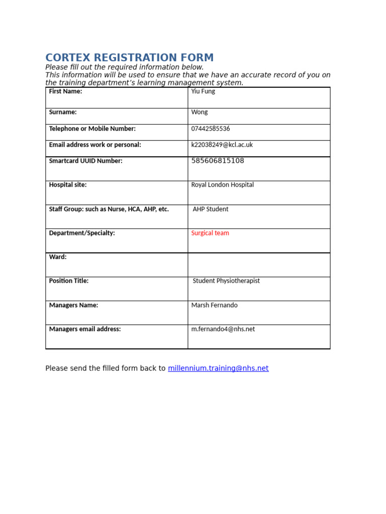 CORTEX Registration Form for AHP Students | PDF