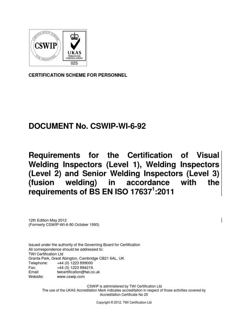 CSWIP-WI-6-92 12th Edition May 2012 | PDF | Nondestructive Testing ...