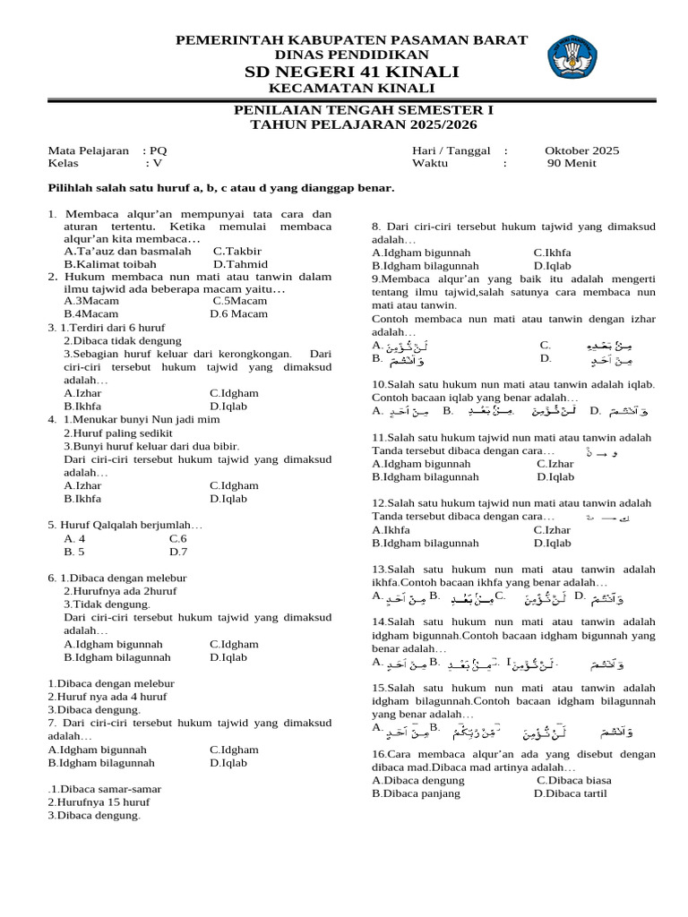Penilaian Tengah Semester SD Kinali 2025 | PDF