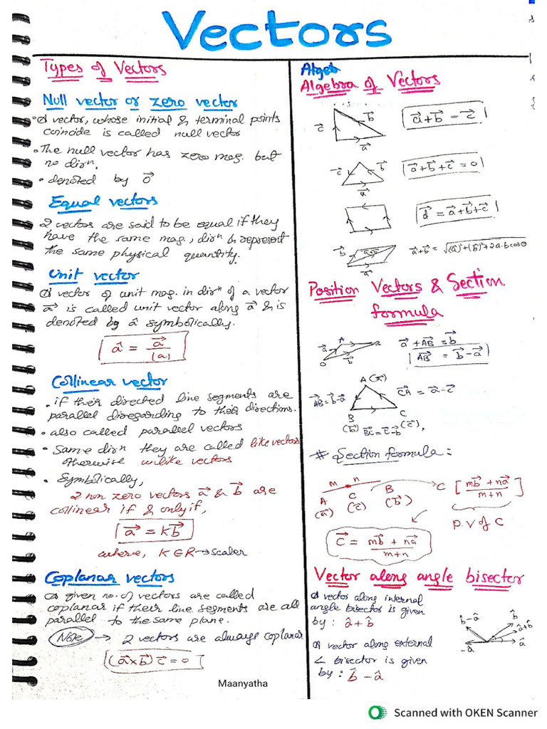 Vectors - Short Notes | PDF