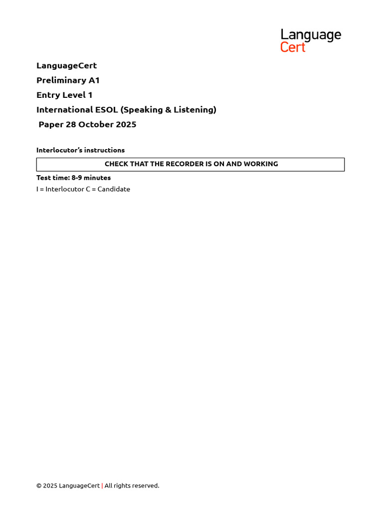 LanguageCert A1 Speaking Exam Guide | PDF