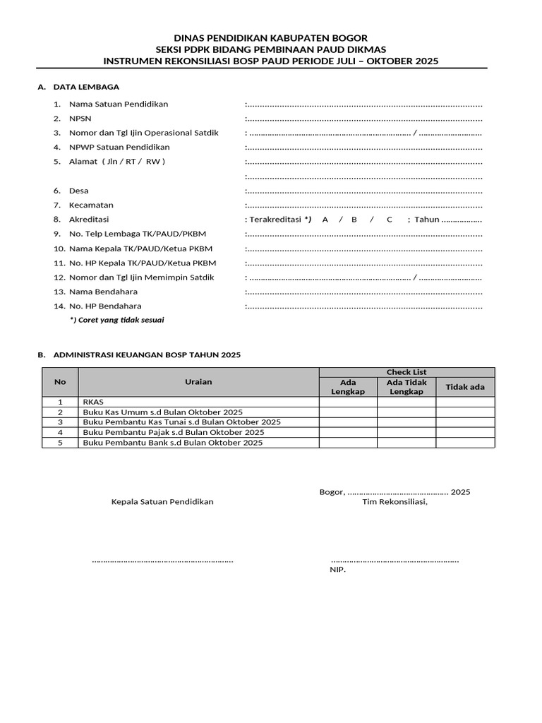Instrumen Rekonsiliasi BOSP PAUD 2025 | PDF