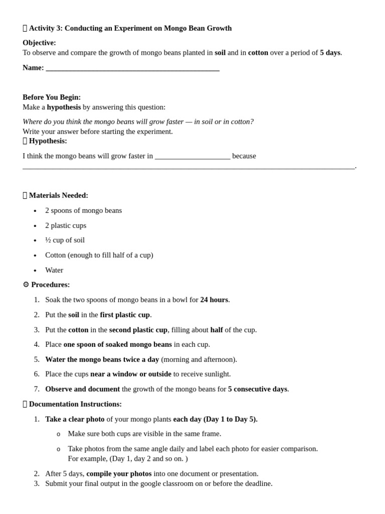 Mongo Bean Growth Experiment Guide | PDF | Experiment