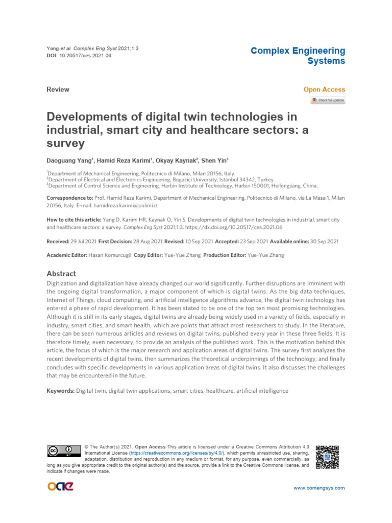 Developments of Digital Twin Technologies in Industrial, Smart City and ...