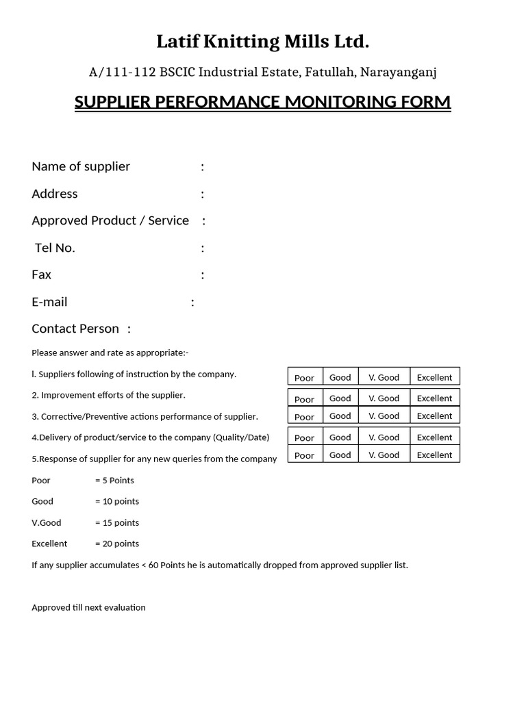 Supplier Performance Monitoring Form | PDF