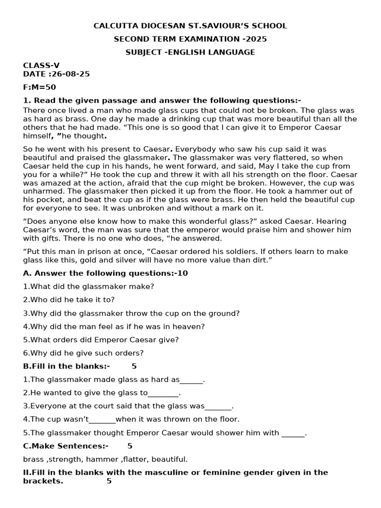 English Exam Paper for Class V - 2025 | PDF | Syntax | Grammar