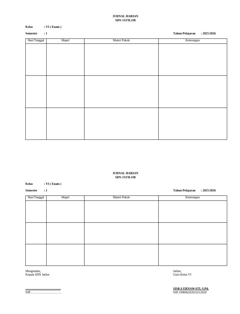 Jurnal Harian Kelas VI Kurikulum Merdeka | PDF