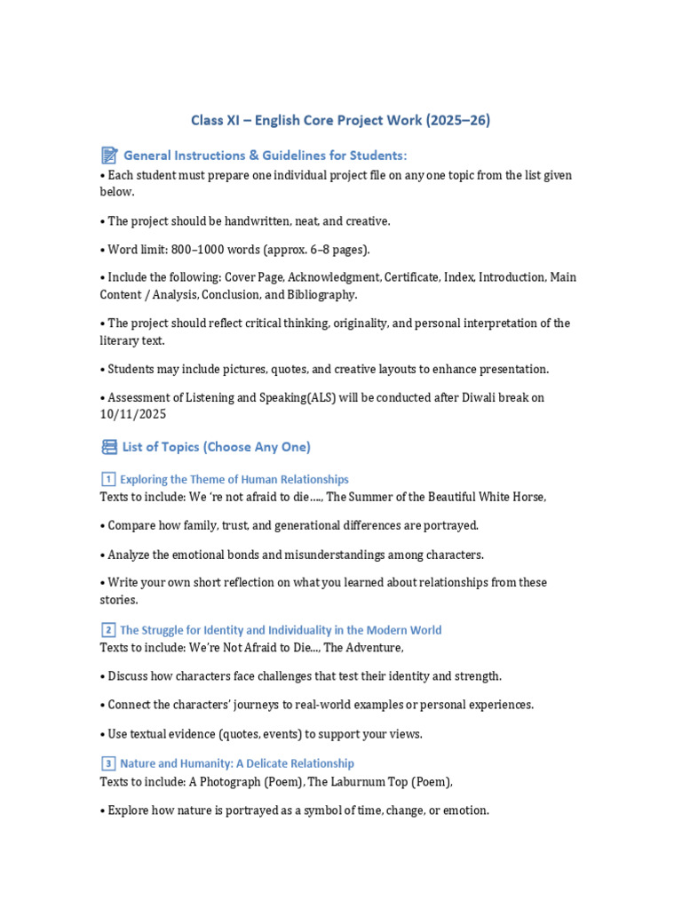 English Project Topics for Class XI | PDF