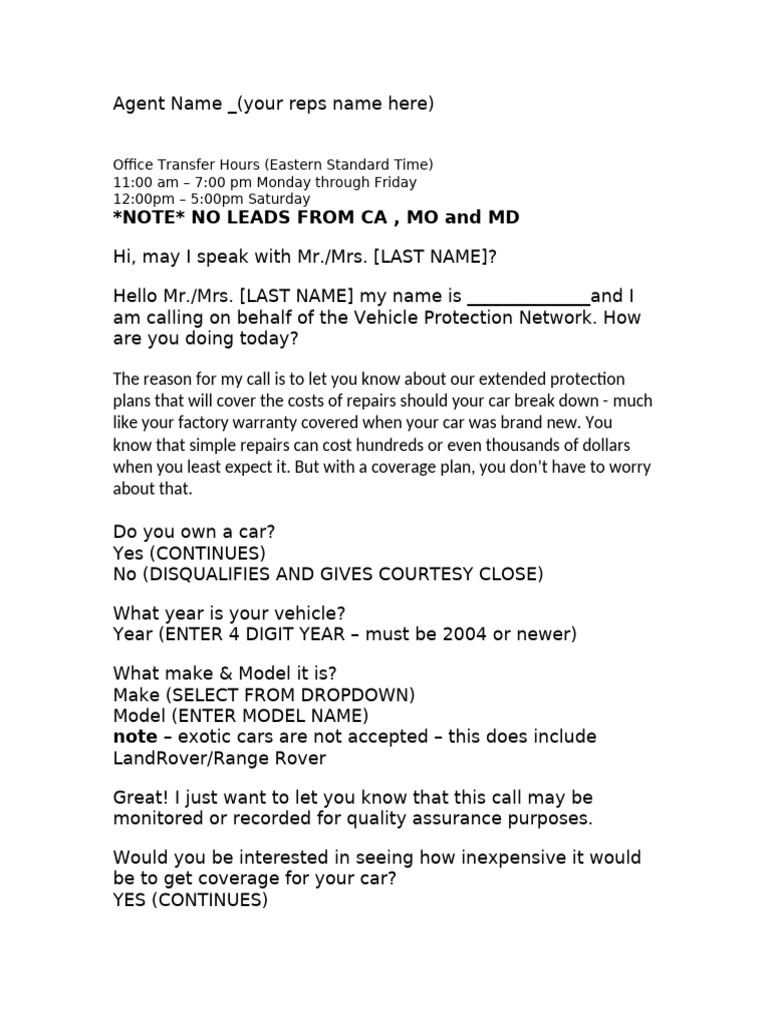 Vehicle Protection Network Call Script | PDF | Land Vehicles | Motor ...