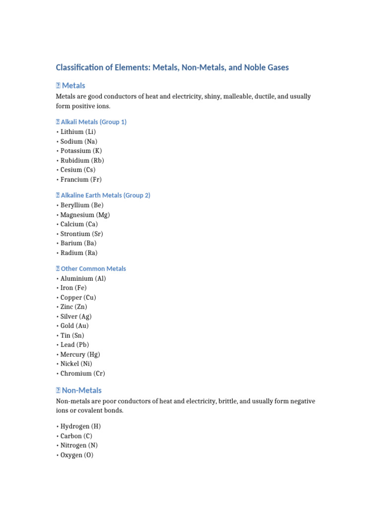 Elements Classification: Metals, Non-Metals, Noble Gases | PDF