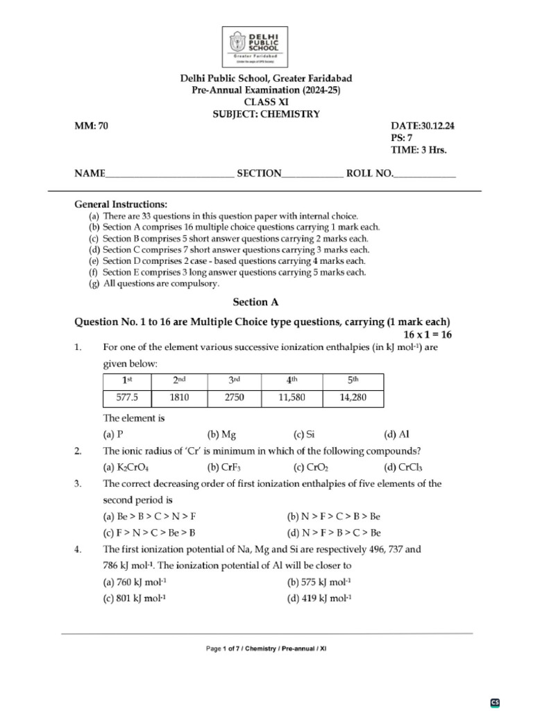 Class XI - Pre-Annual Examination - Chemistry - 30.12.2024 | PDF