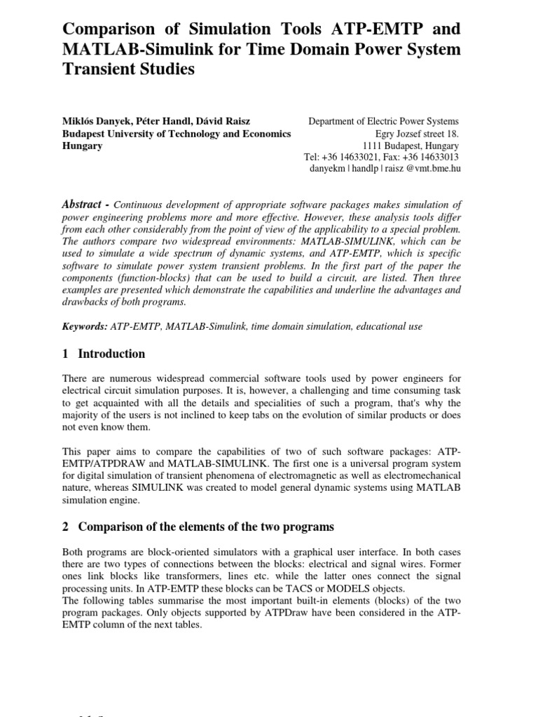 Comparison of Simulation Tools Atp Emtp and Matlab Simulink For Time ...