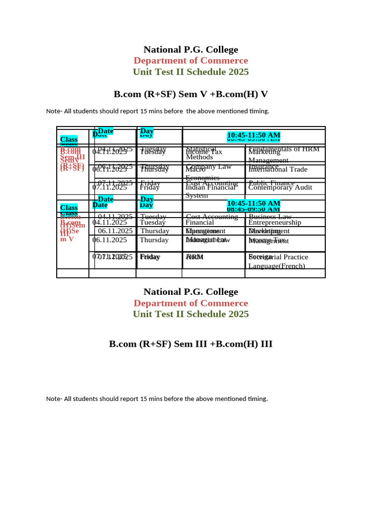 Unit Test II Schedule 2025 - National P.G. College | PDF | Commerce ...