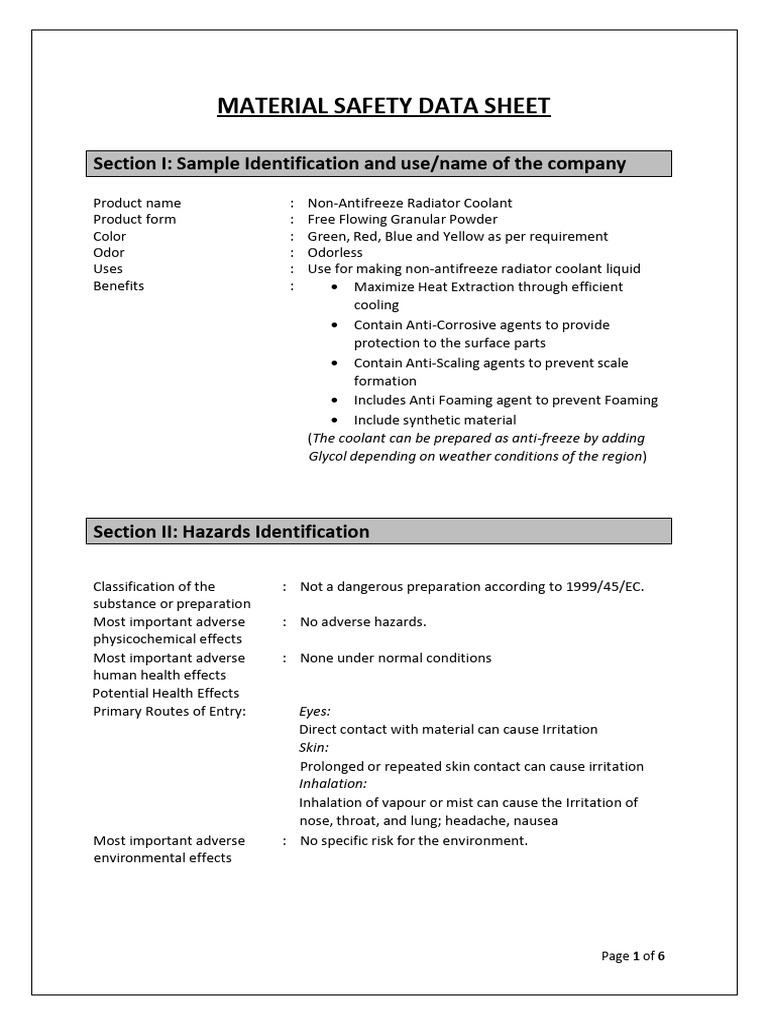 Non-Antifreeze Radiator Coolant MSDS | PDF | Toxicity | Water