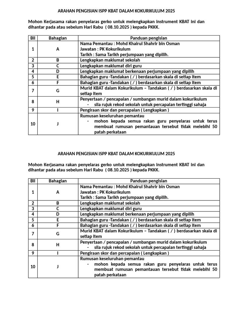 Arahan Pengisian Ispp Kbat Dalam Kokurikulum 2025 | PDF