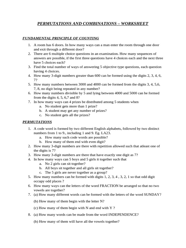 Permutation and Combination Worksheet | PDF | Permutation