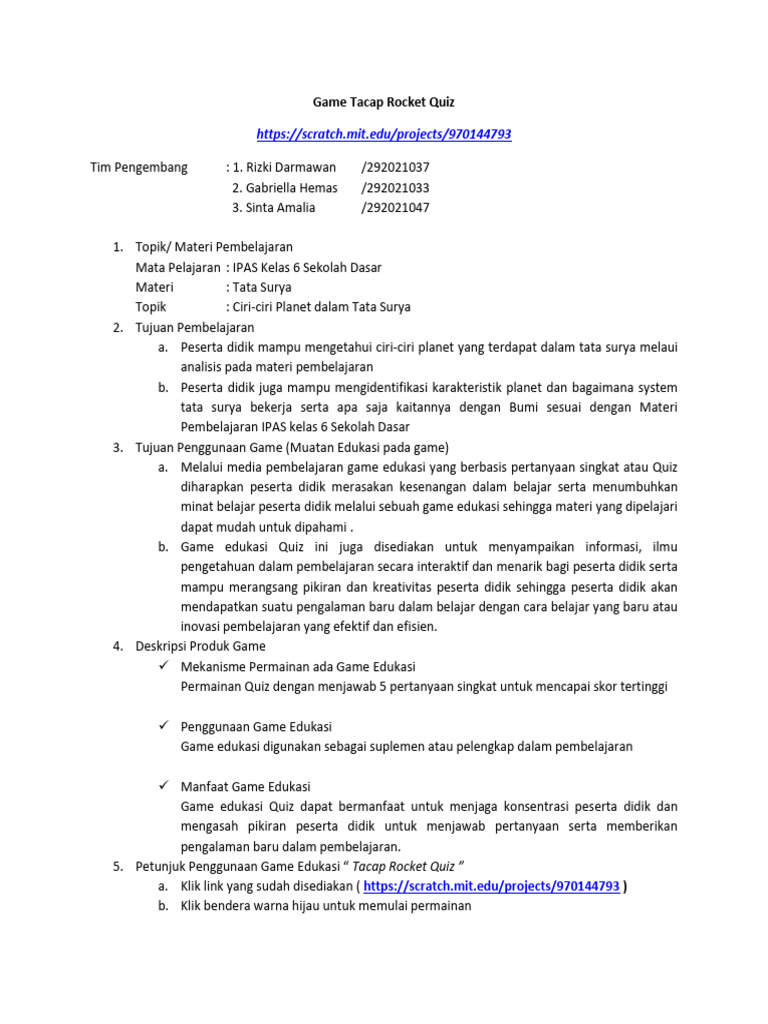 Deskripsi _Tacap Rocket Quiz_Kelompok 1 | PDF