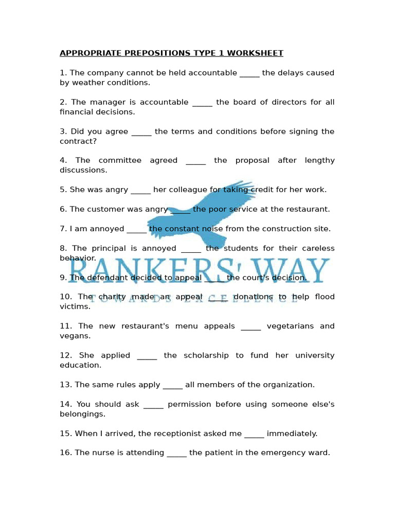 Prepositions Type 1 Worksheet | PDF