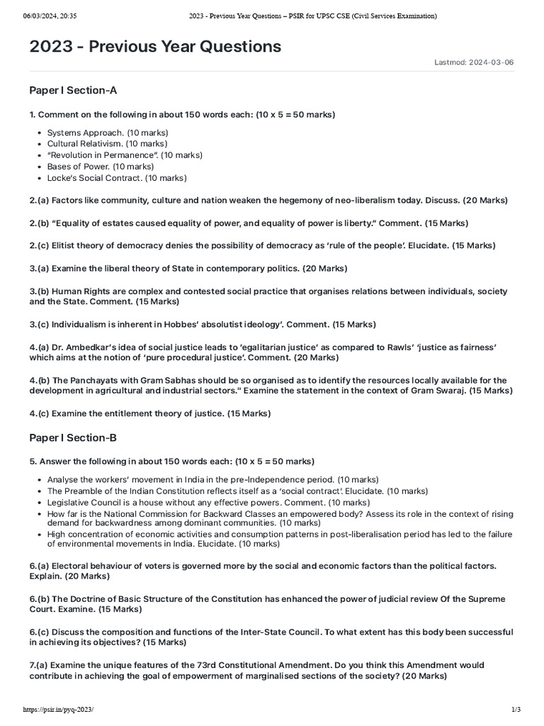 UPSC CSE 2023 PSIR Previous Year Questions | PDF | Egalitarianism | Justice