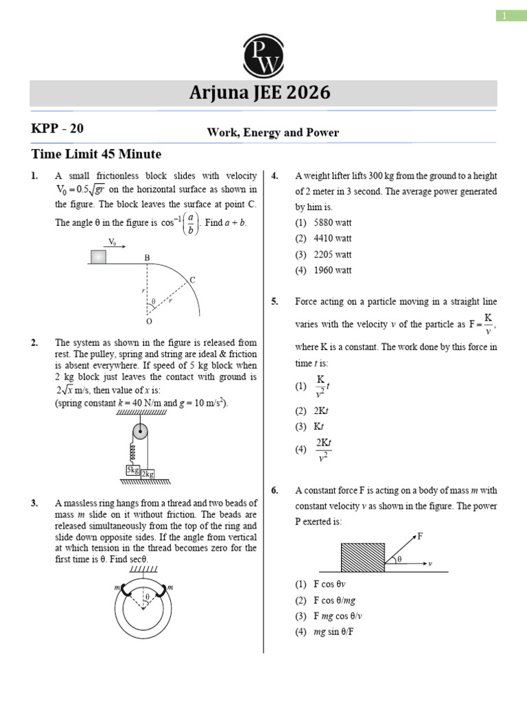 JEE 2026 Work, Energy, and Power Problems | PDF | Force | Tension (Physics)