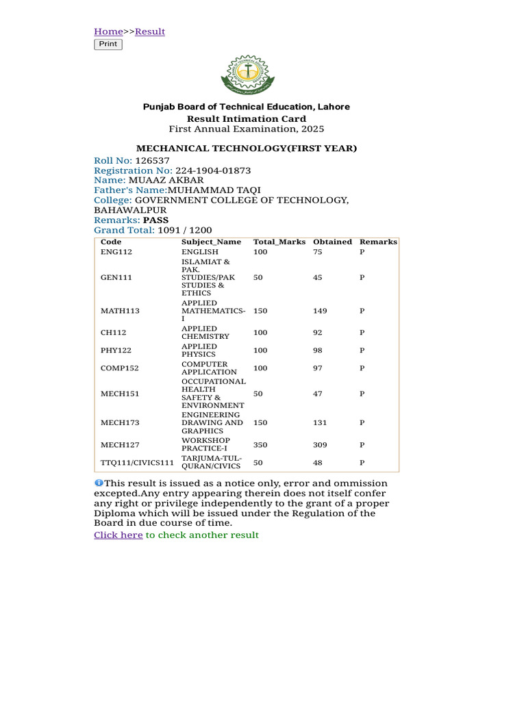 PBTE 2025 Mechanical Tech Result | PDF