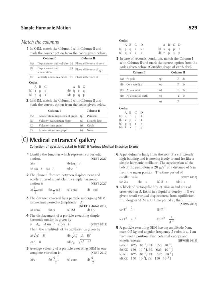 SHM Column Matching Questions Guide | PDF | Mechanics | Physical Quantities