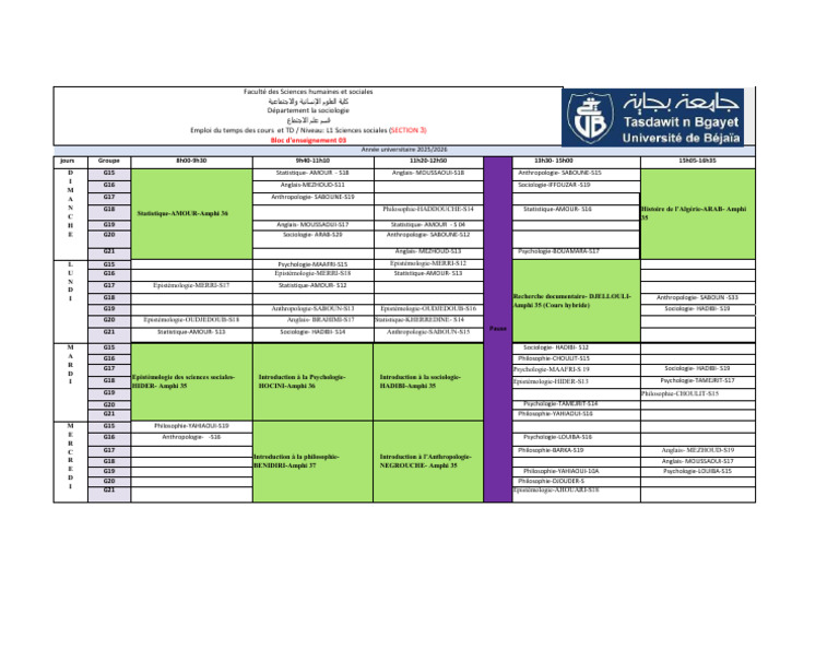 Emploi du temps L1 Sciences Sociales 2025 | PDF | Concepts biologiques ...