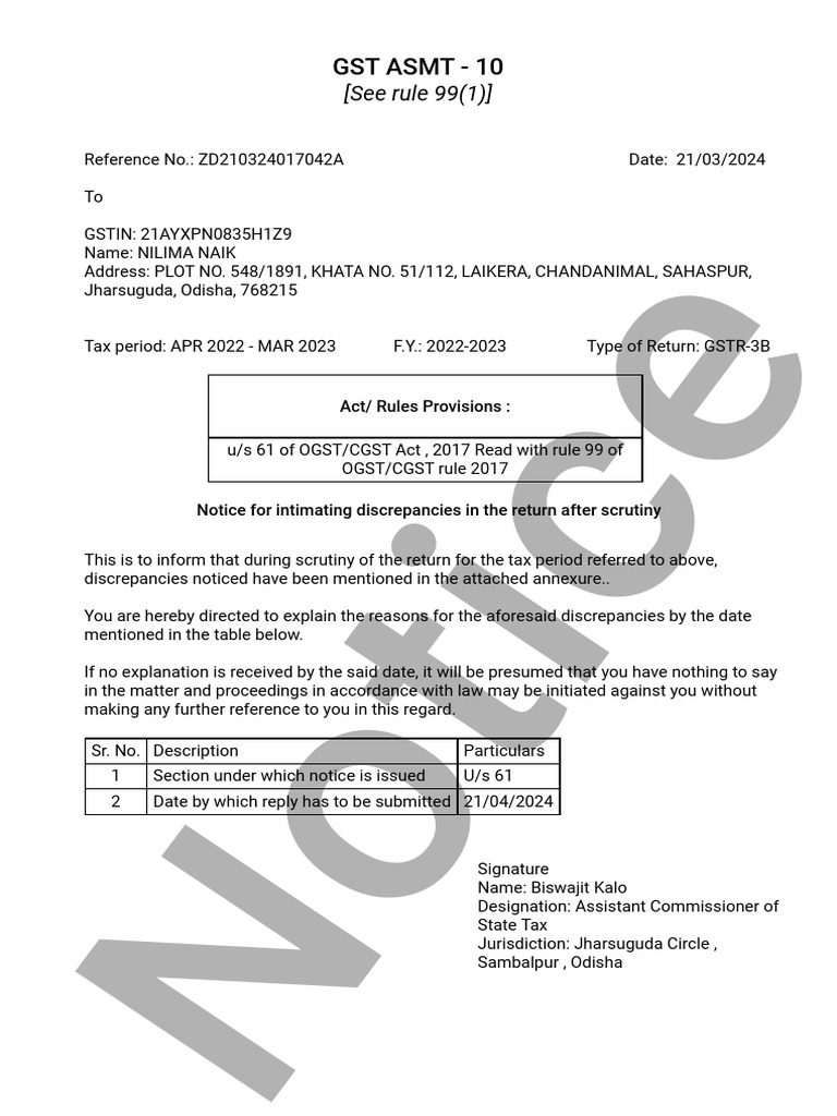GST ASMT-10 Discrepancy Notice 2024 | PDF