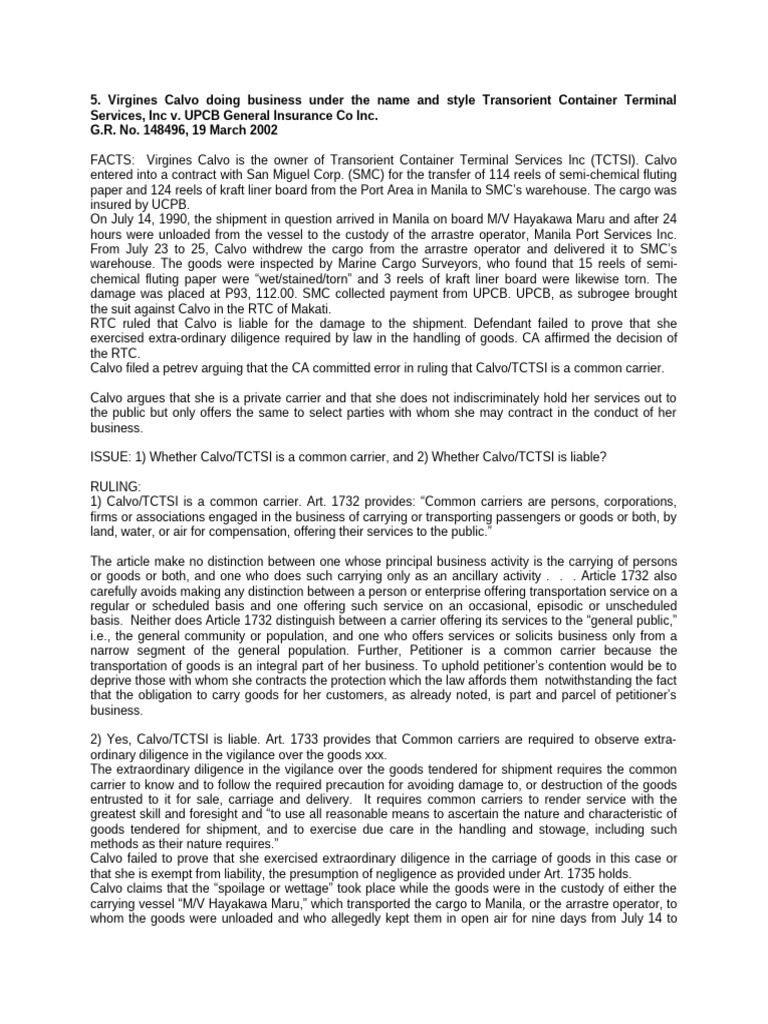 Calvo v. UPCB: Common Carrier Liability | PDF | Cargo | Common Carrier