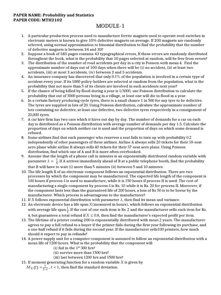Probability and Statistics Problems | PDF | Poisson Distribution ...