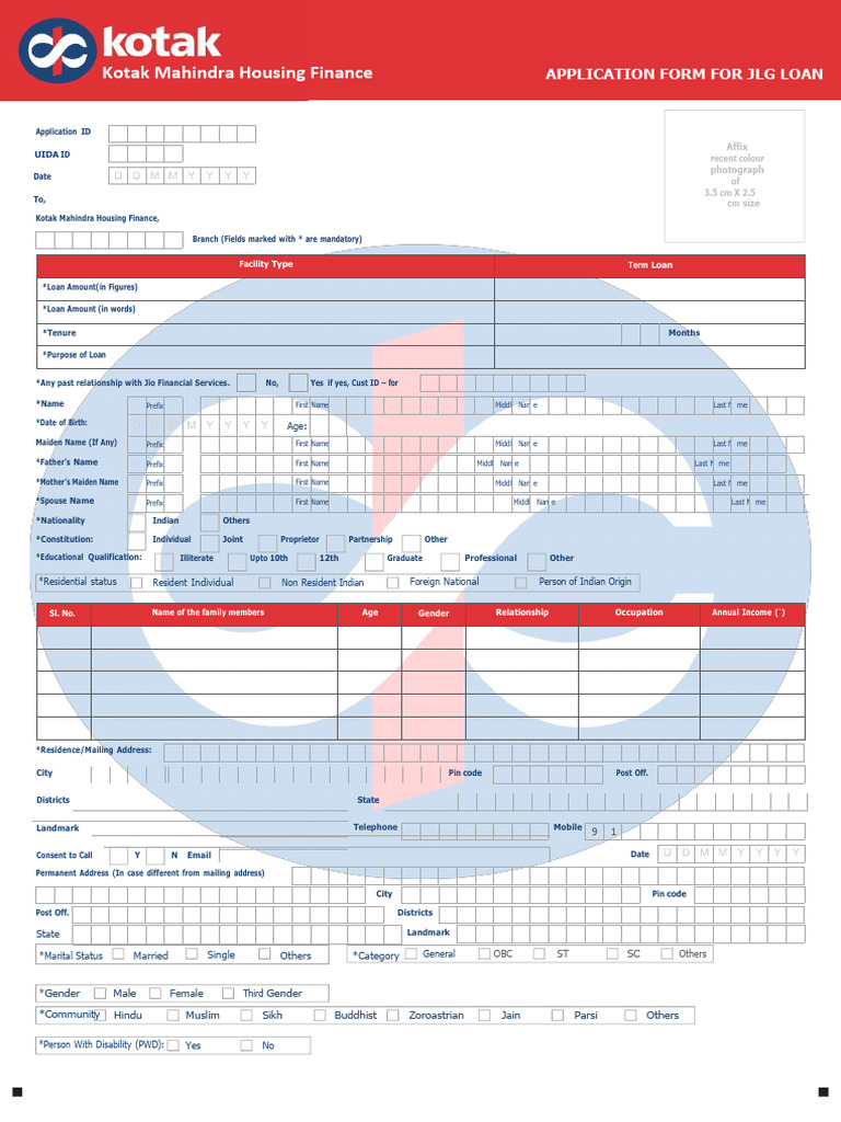 Kotak Mahindra JLG Loan Application Form | PDF | Insurance | Life Insurance