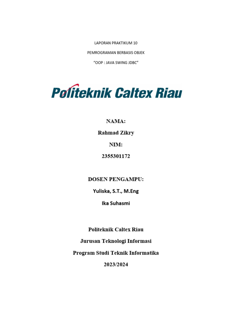 OOP Java Swing JDBC: Laporan Praktikum | PDF