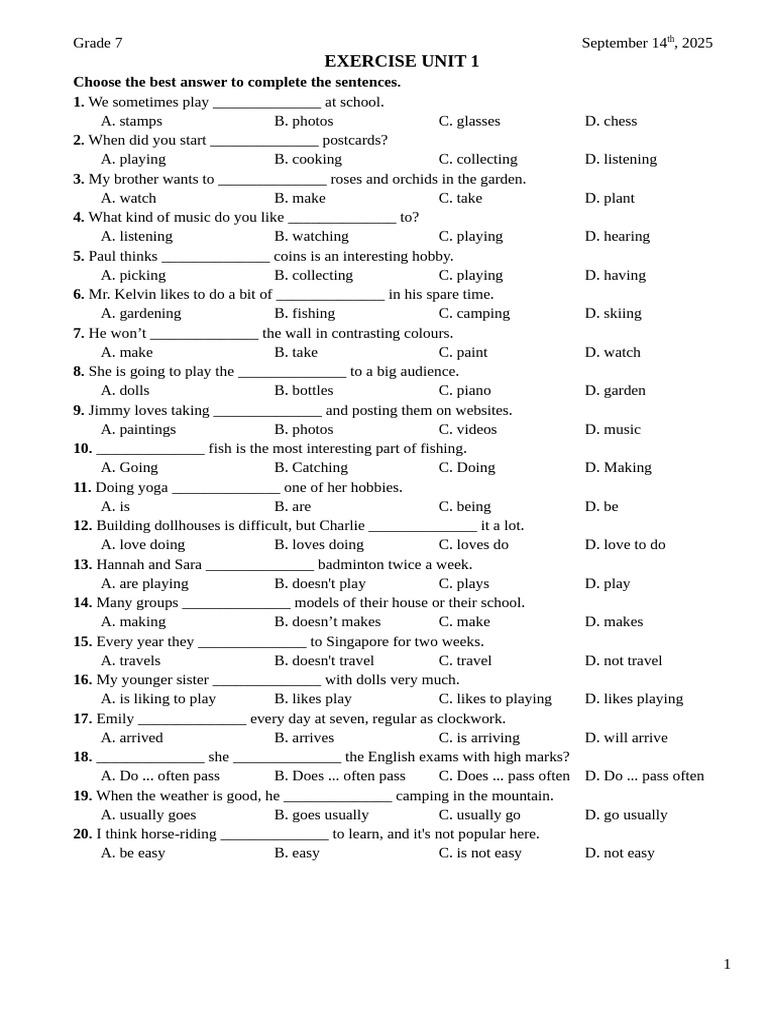 Grade 7 English Exercise Unit 1 | PDF