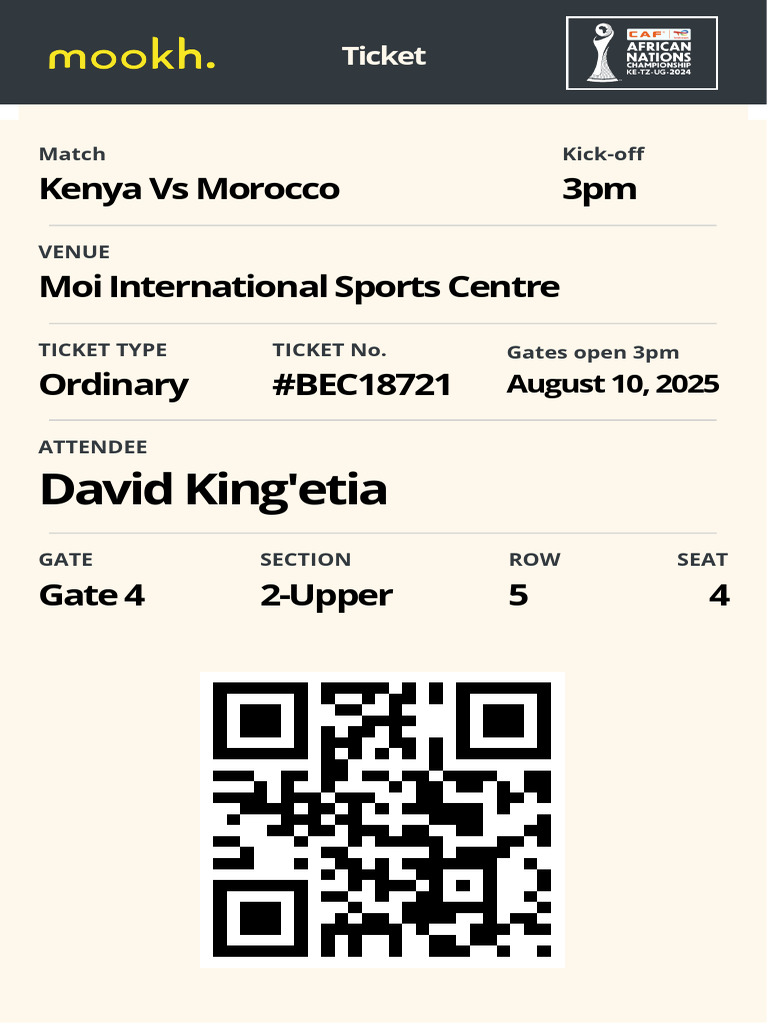 Kenya vs Morocco Match Ticket Details | PDF