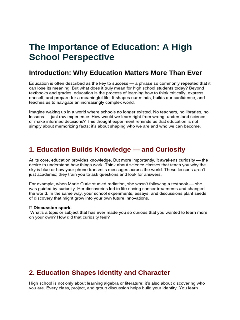 The Value of Education for High Schoolers | PDF | Critical Thinking ...