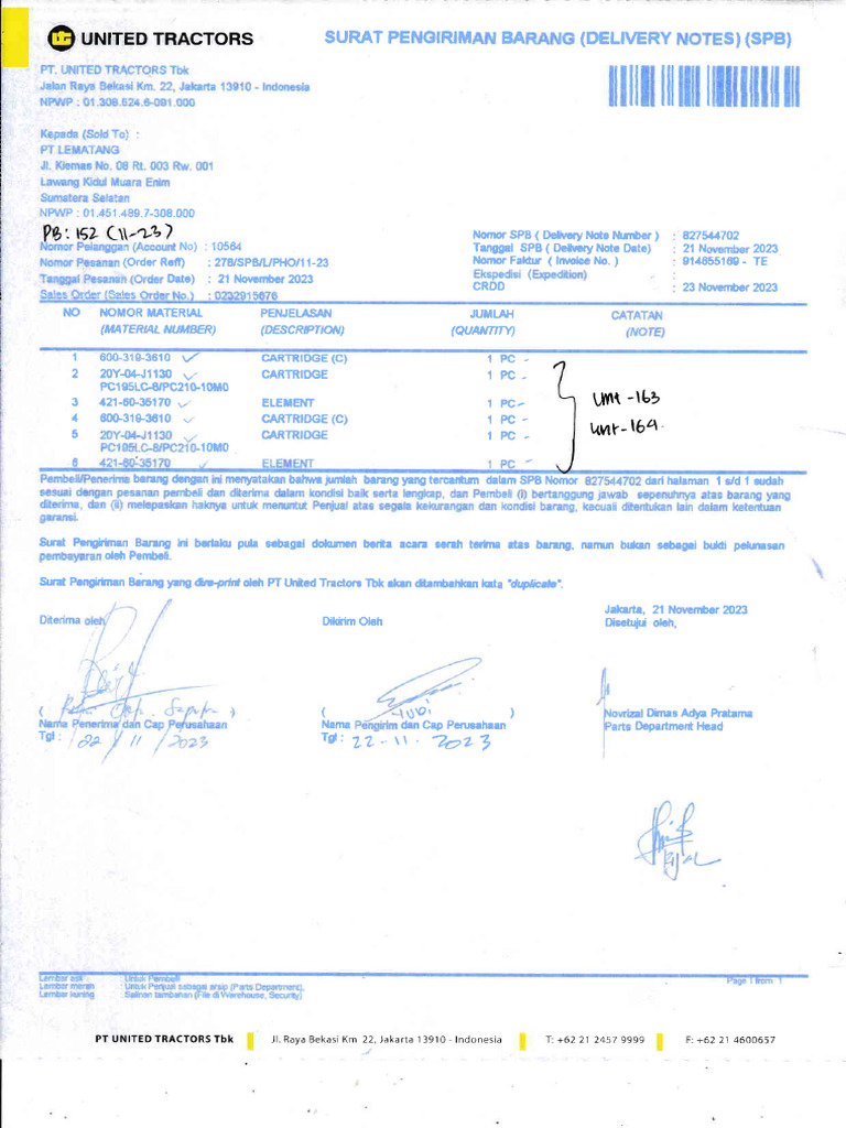 Delivery Notes for United Tractors | PDF