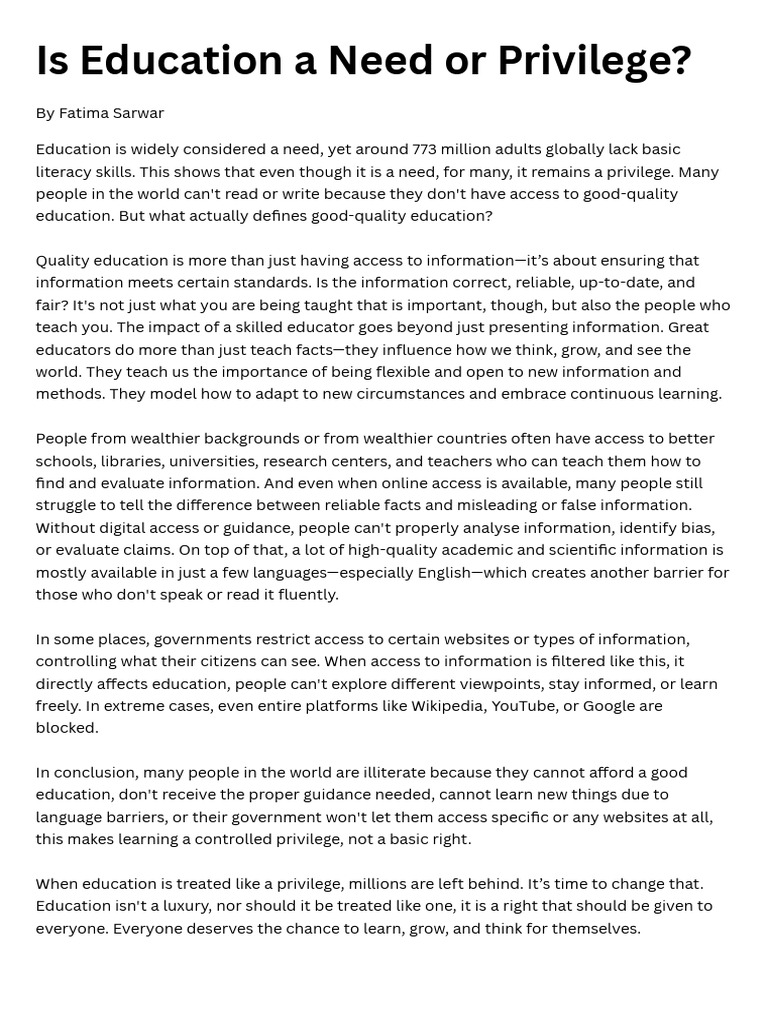 Is Education A Need or Privilege | PDF | Literacy | Learning