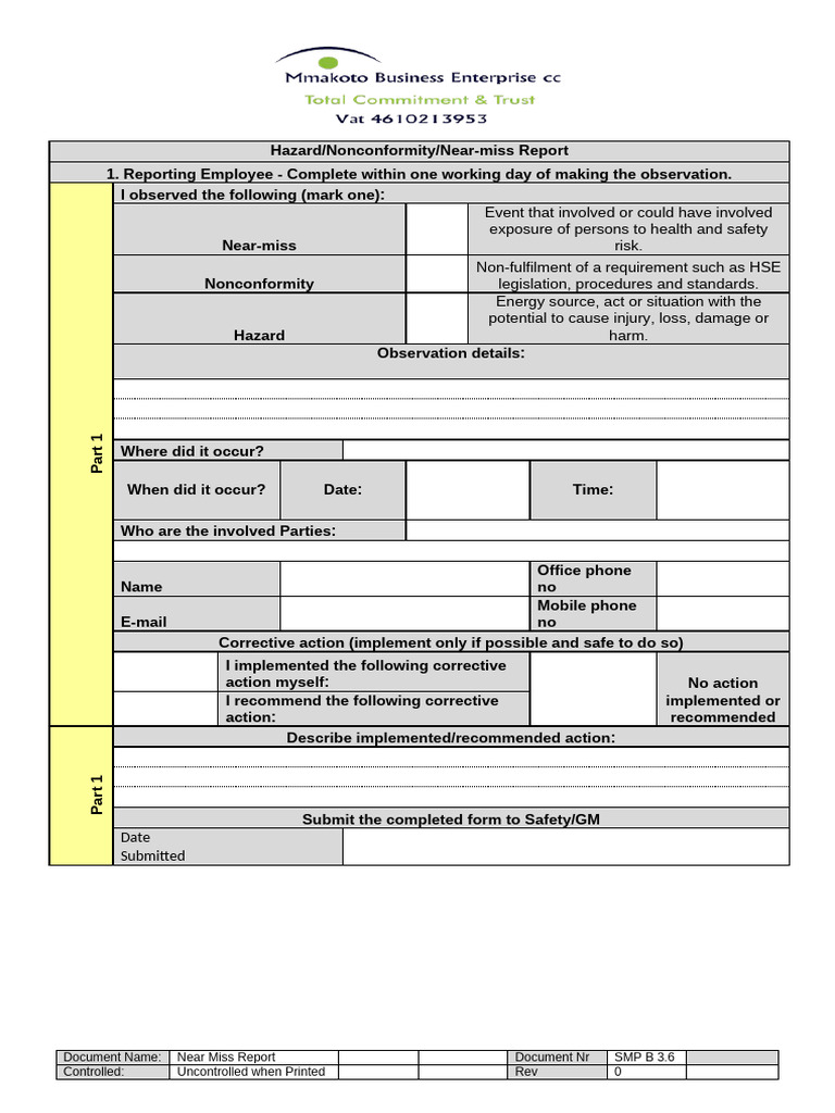 Hazard and Near-Miss Reporting Form | PDF