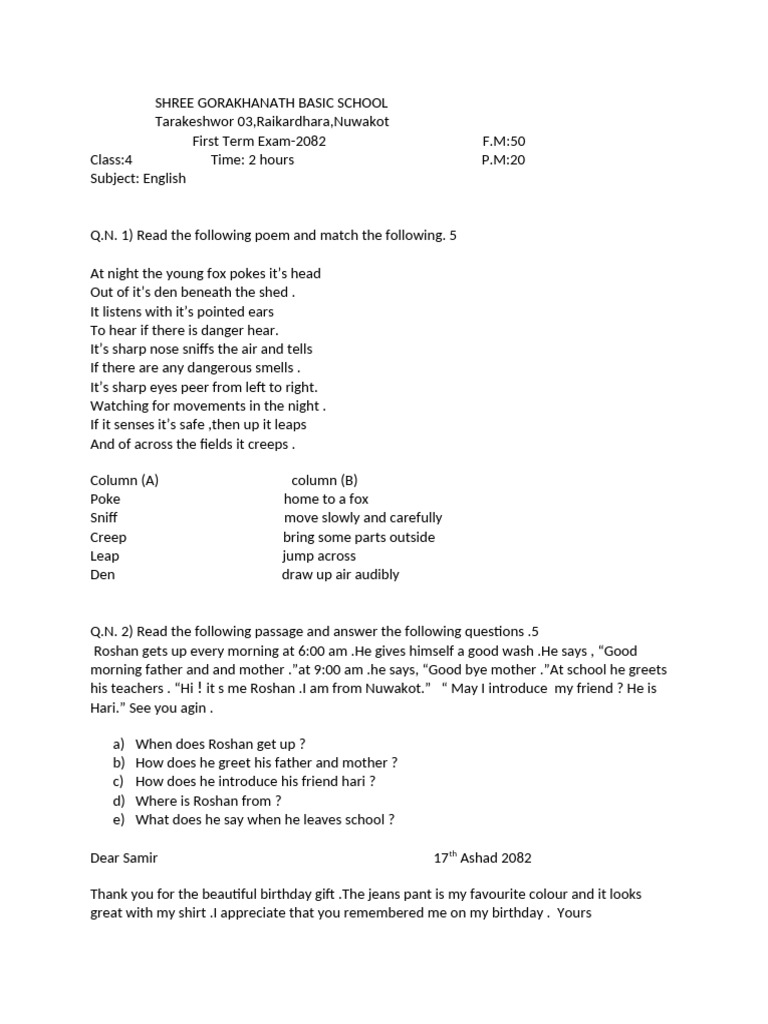 Class 4 English Exam Paper 2082 | PDF