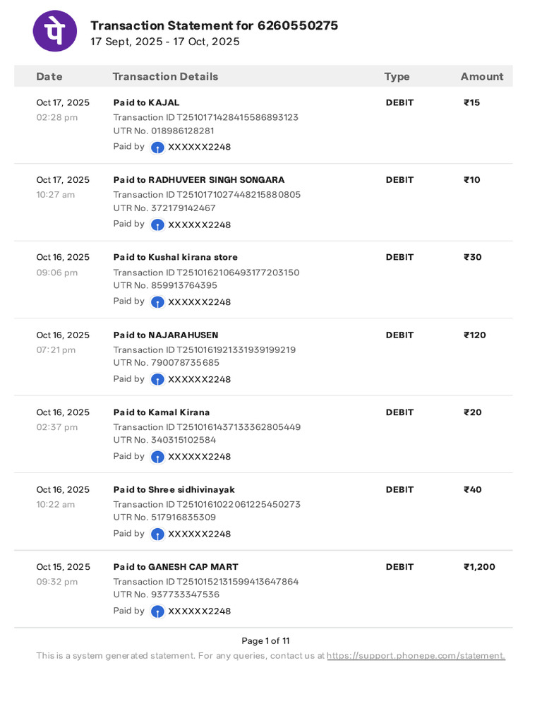 Transaction Statement for 6260550275 | PDF | Debits And Credits | Debit ...