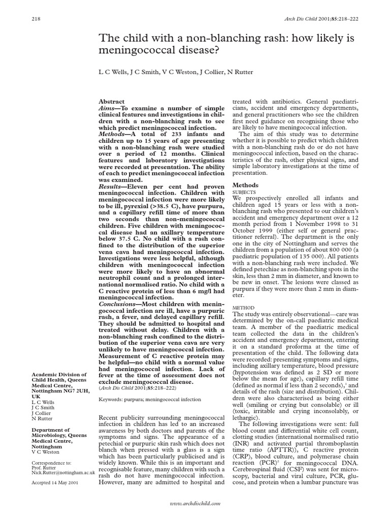 The Child With A Non-Blanching Rash How Likely Is 2001 | PDF | Clinical ...