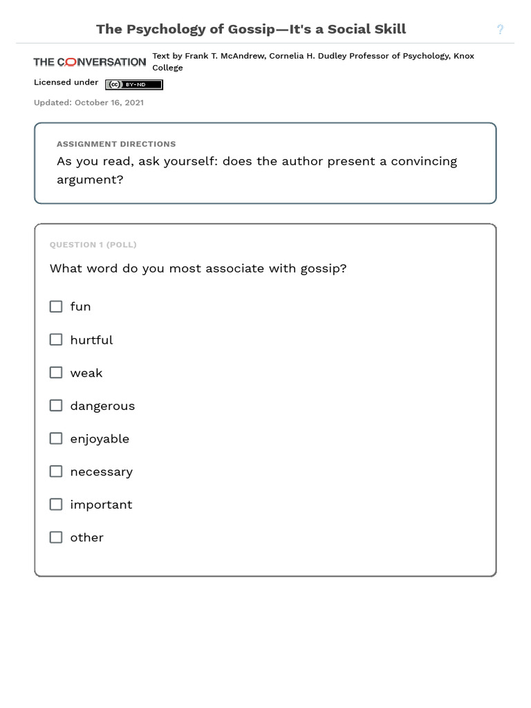 Gossip: A Vital Social Skill | PDF | Psychological Concepts | Social ...
