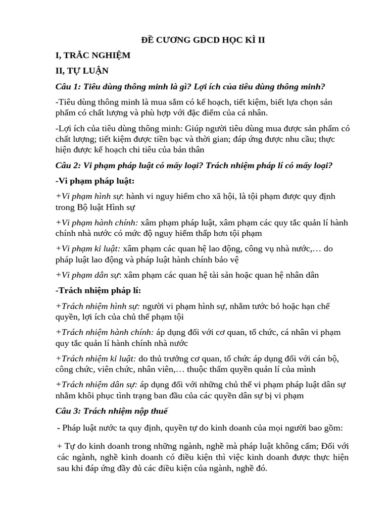 Đề Cương Gdcd Học Kì II | PDF