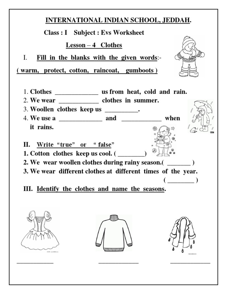 EVS Worksheet Class I ( Lesson 4 Clothes)
