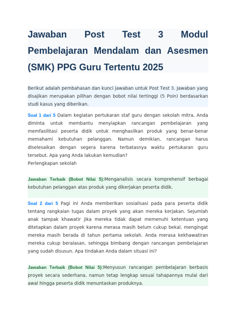 Kunci Jawaban Post Test Modul 3 PPG | PDF