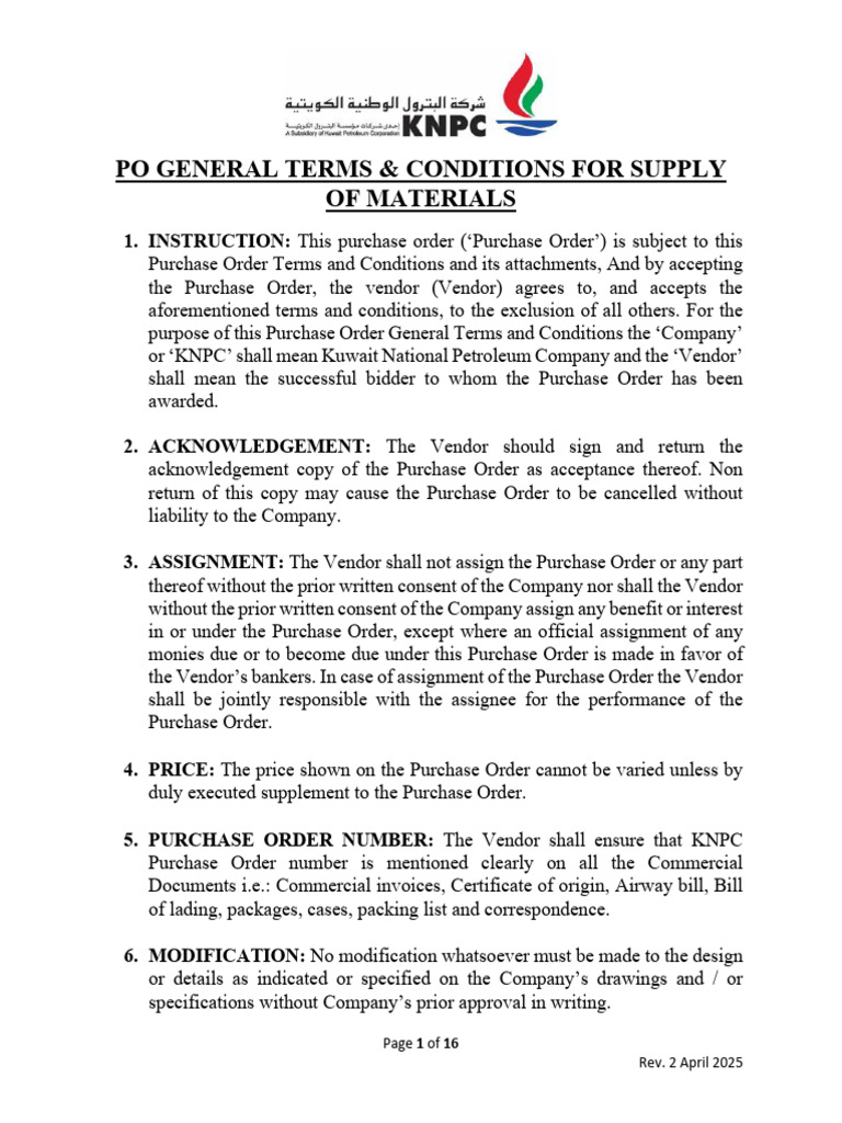 KNPC Purchase Order Terms & Conditions | PDF | Indemnity | Insurance